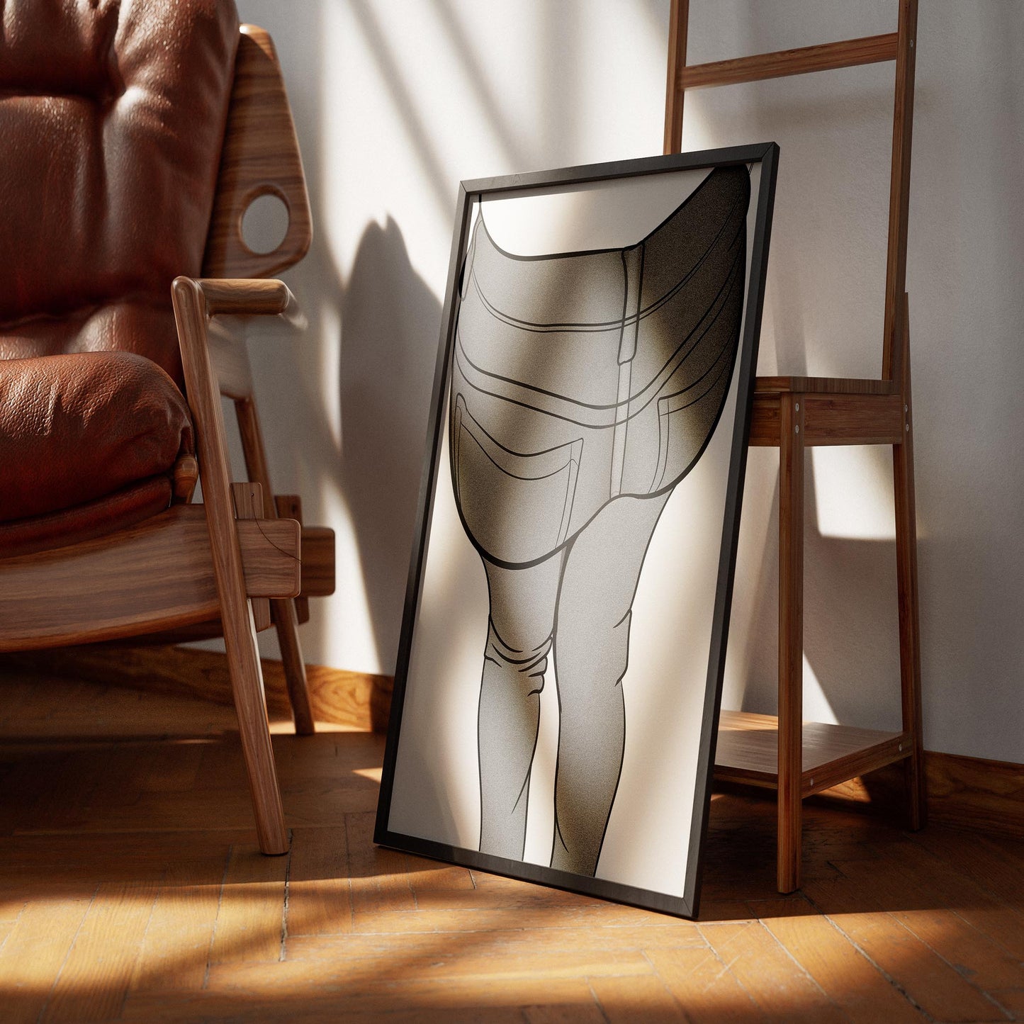 Digital illustration of Jeans Denim Model 15 line art with intricate details, showcased in a stylish frame leaning against a chair.