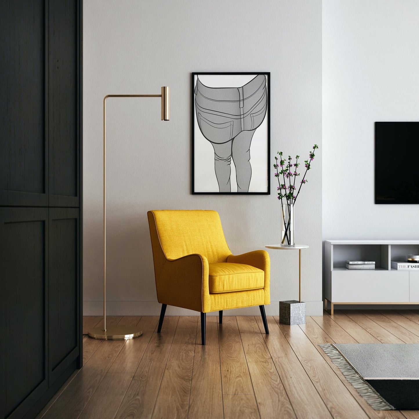 Artistic illustration of jeans hanging on a white wall in a modern living room with yellow armchair and decor.