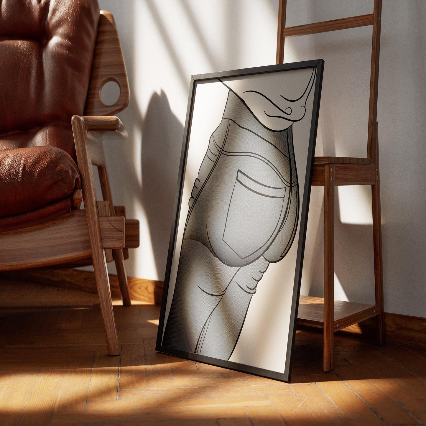 Jeans Denim - Line Model Art 16 illustration in a framed art print on wooden floor.
