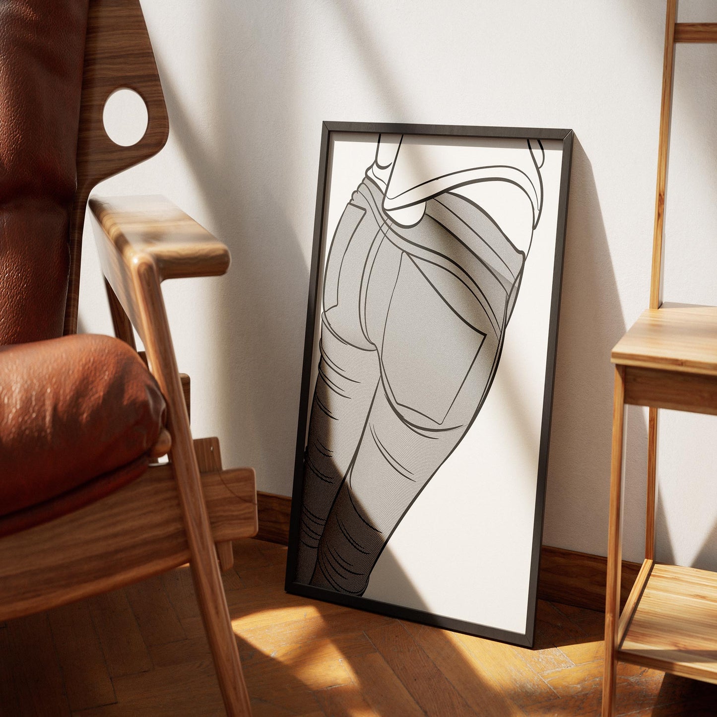 Jeans Denim Line Model Art 18 framed artwork showcasing detailed line art of jeans on hardwood floor.