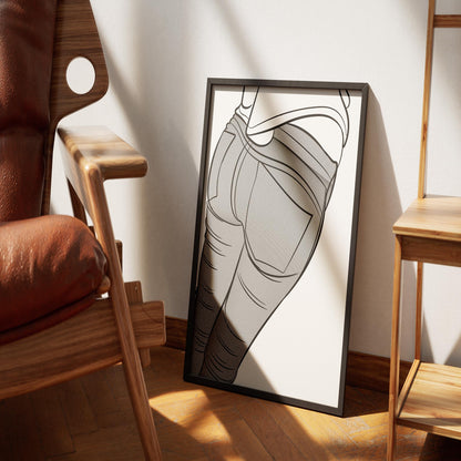 Jeans Denim Line Model Art 18 framed artwork showcasing detailed line art of jeans on hardwood floor.