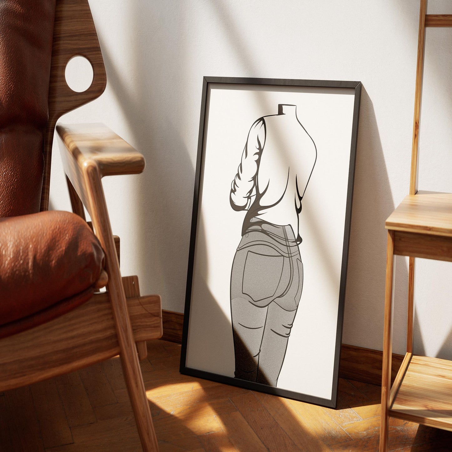 Jeans Denim - Line Model Art 19 framed illustration resting on the floor between wooden furniture, showcasing modern denim line art.