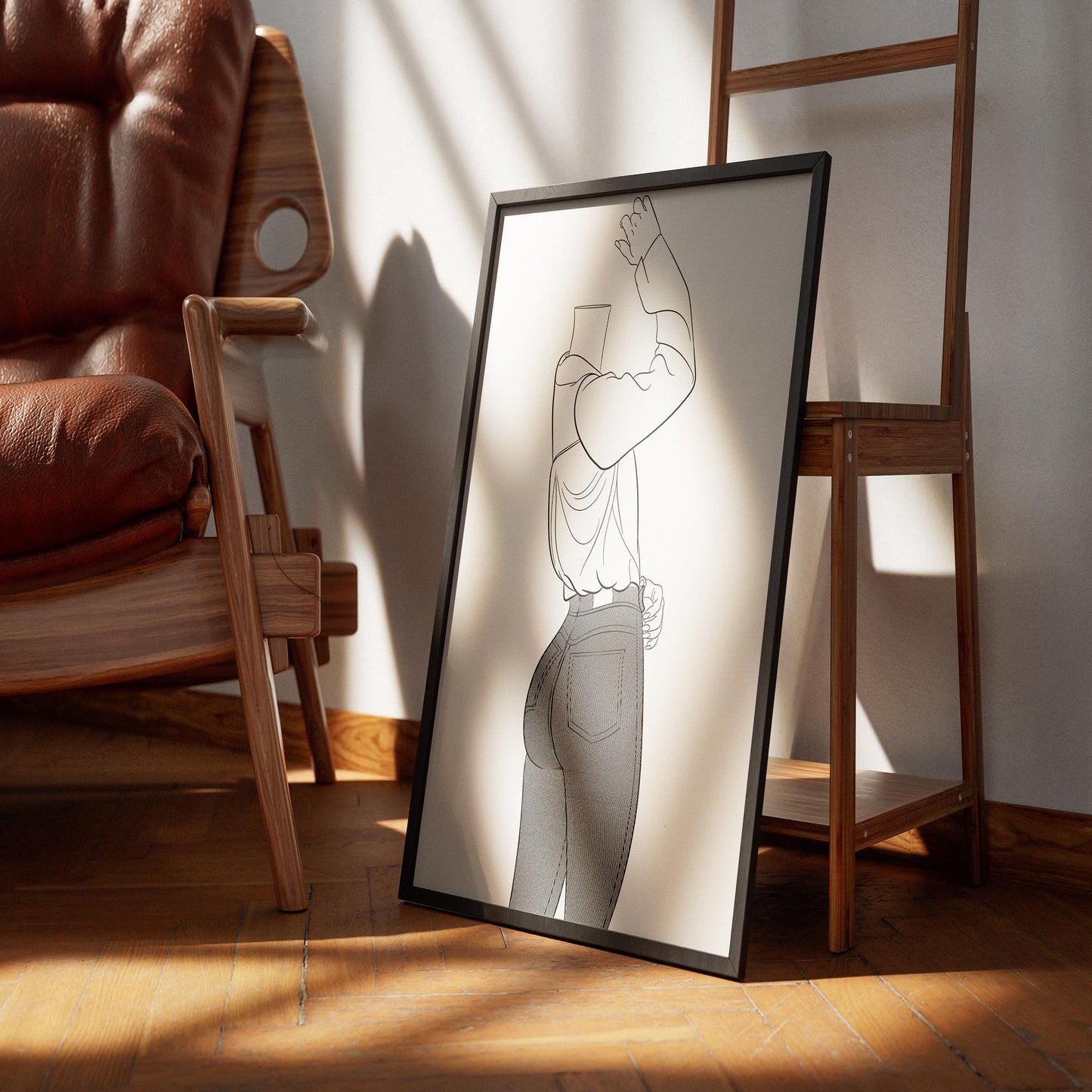 Framed line art illustration of character in form-fitting denim jeans and long-sleeved top, titled "Jeans Denim - Line Model Art 27".