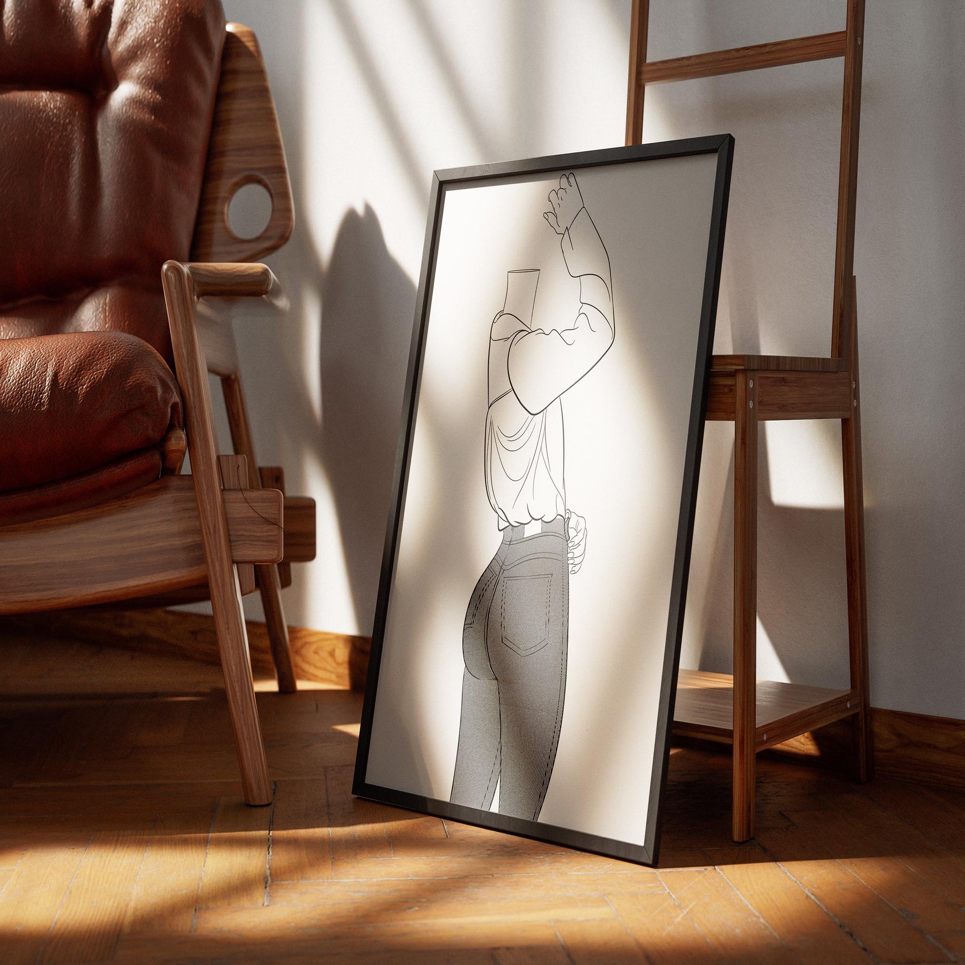 Framed line art illustration of character in form-fitting denim jeans and long-sleeved top, titled "Jeans Denim - Line Model Art 27".