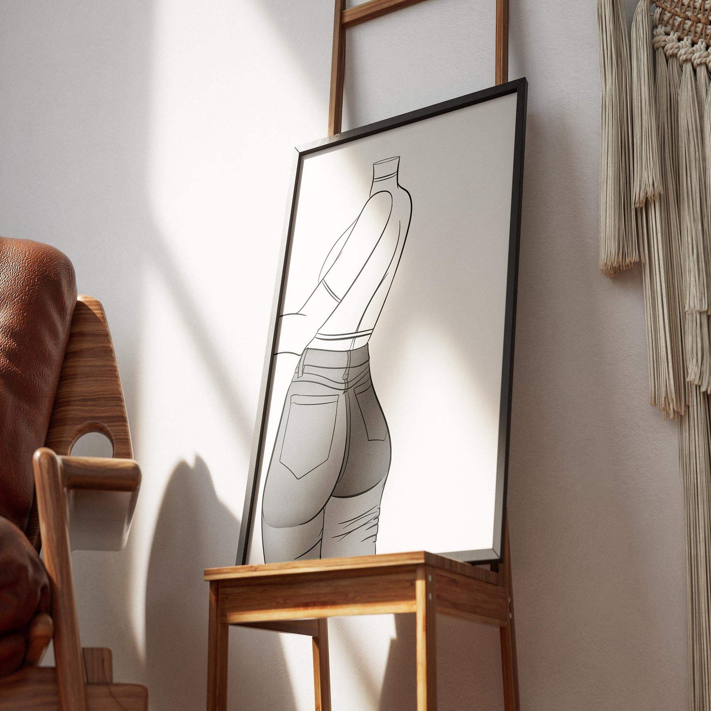 Jeans Denim - Line Model Art 2 digital print in frame, featuring sleek pop art design in a stylish room setting.