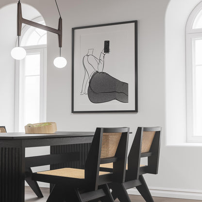 Jeans Denim Model 30 line art illustration hanging in a modern dining room.