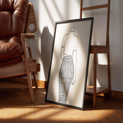 Line art of high-waisted jeans displayed in a modern frame, highlighting sleek denim design for contemporary decor.