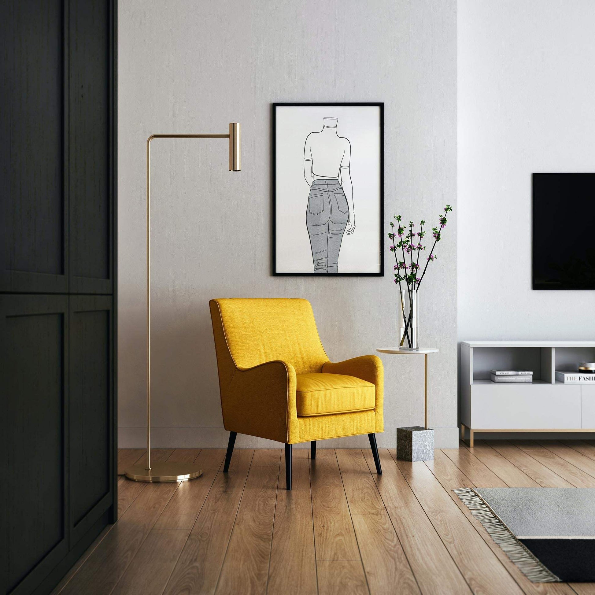 Modern living room with yellow chair, floor lamp, and framed line art of Jeans Denim - Line Model Art 3.