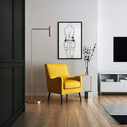 Yellow chair in modern living room with framed "Jeans Denim - Line Model Art 6" on wall.