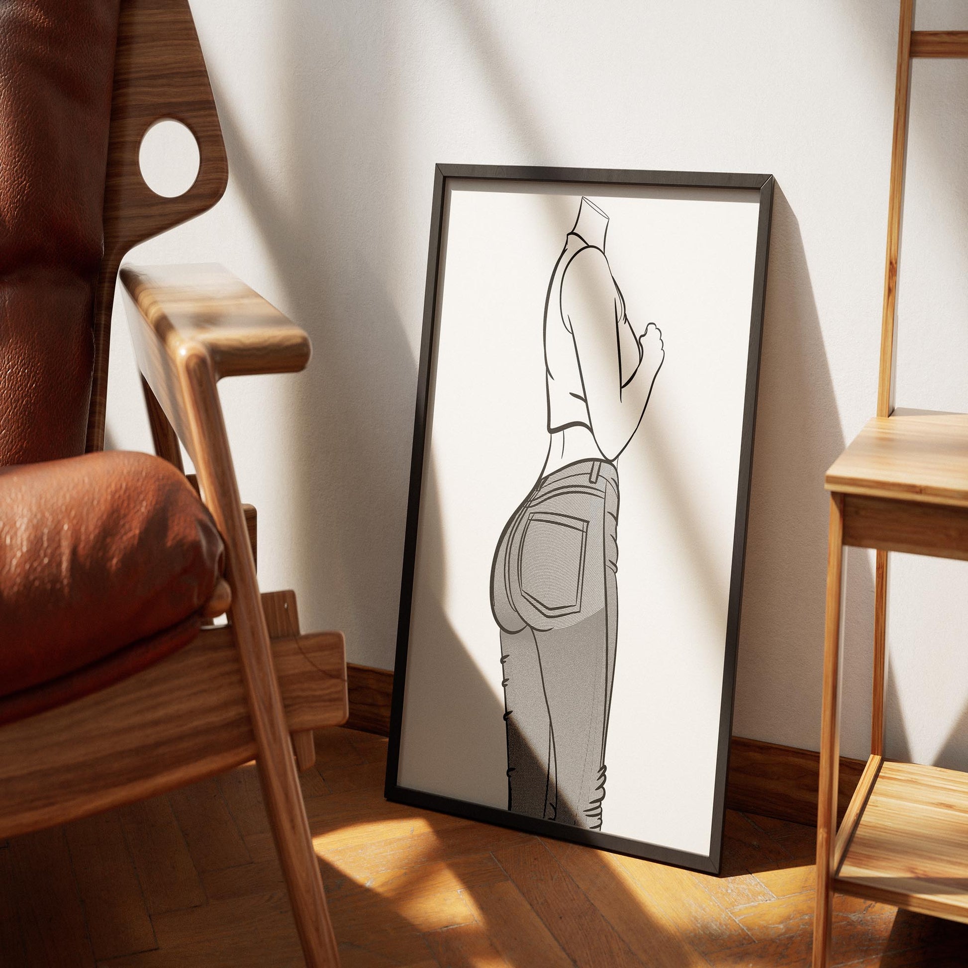 Framed digital line art of jeans denim on display in a modern room.