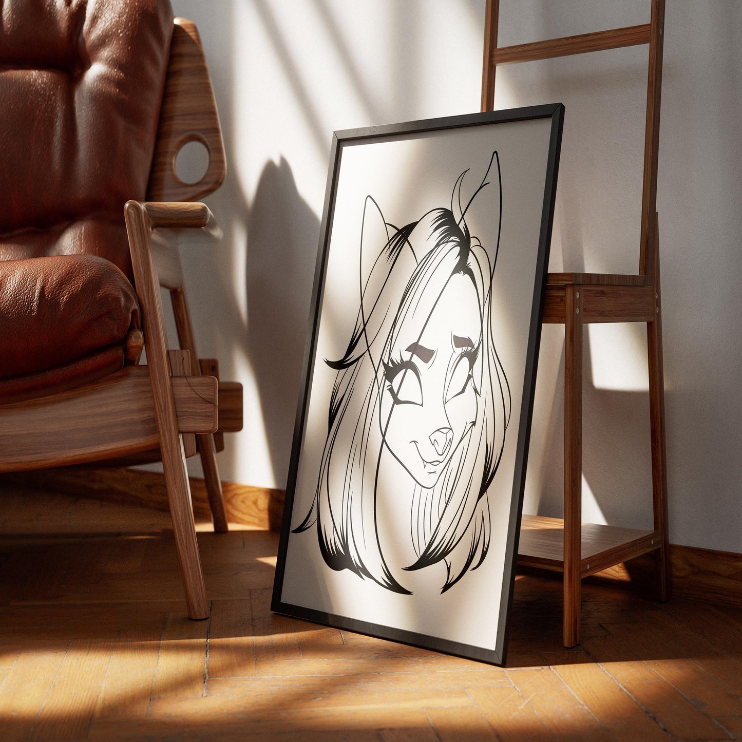 Line art illustration of Furries Model 11 with feline character.