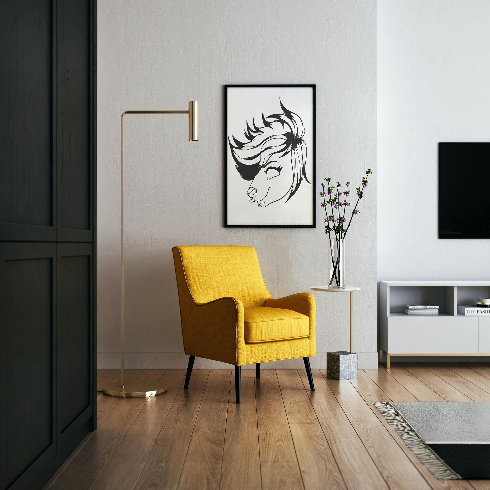 Furries Model 25 digital line art in modern room with yellow chair.