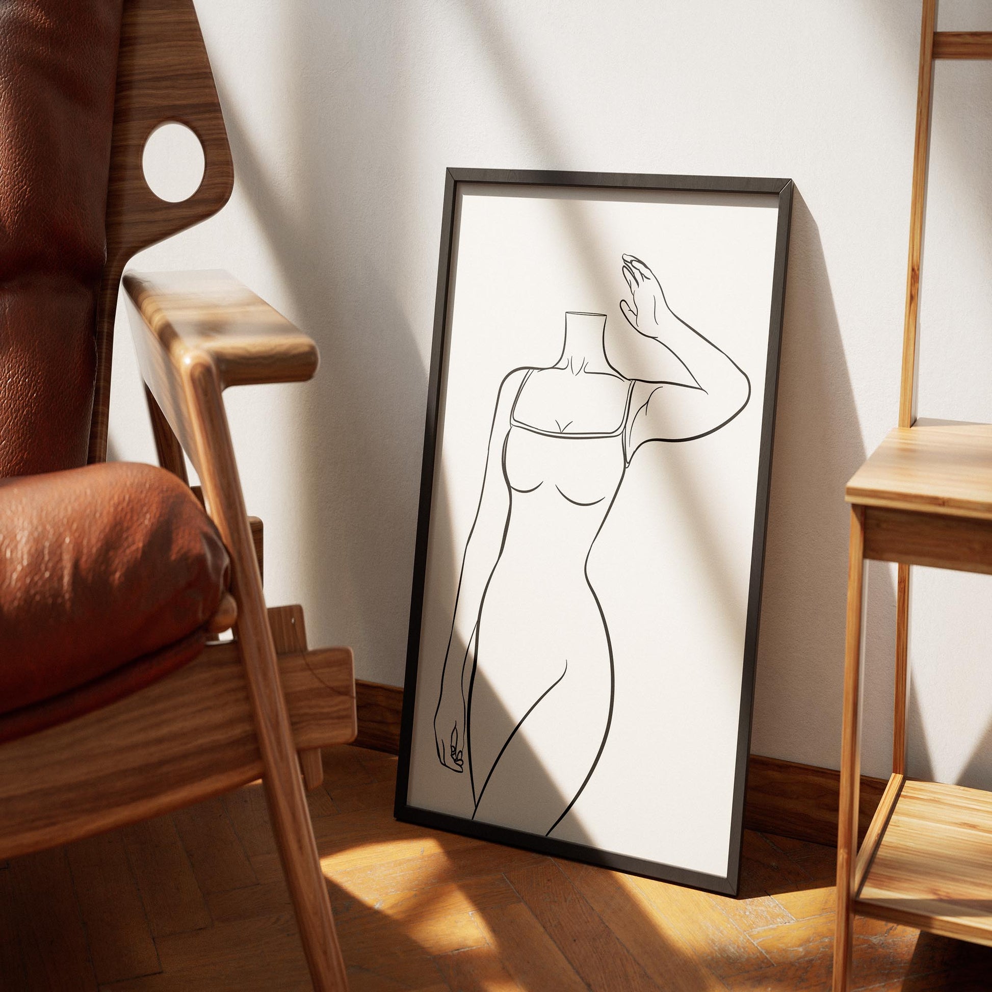 Minimalist line art of a dress with square neckline in a stylish frame.