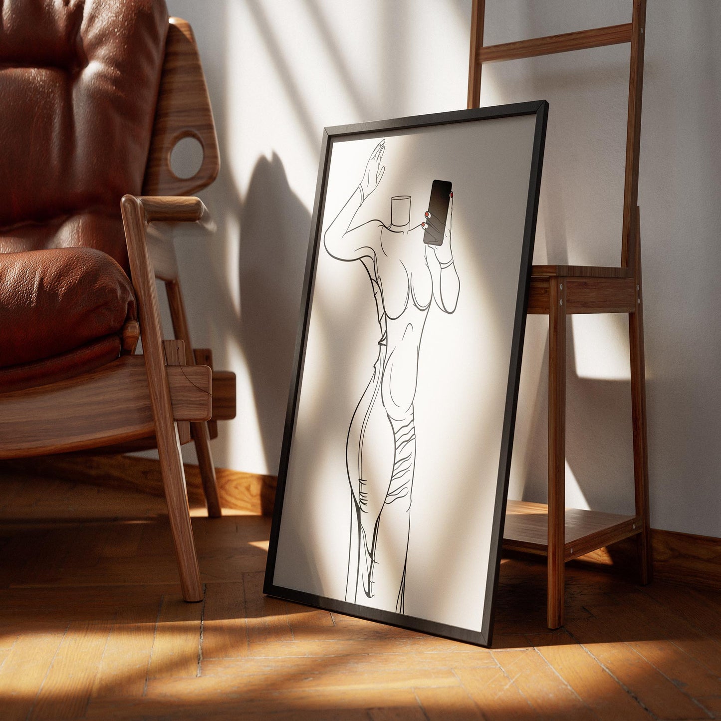 Line art of a flowing gown with plunging neckline, elegant design for art lovers.