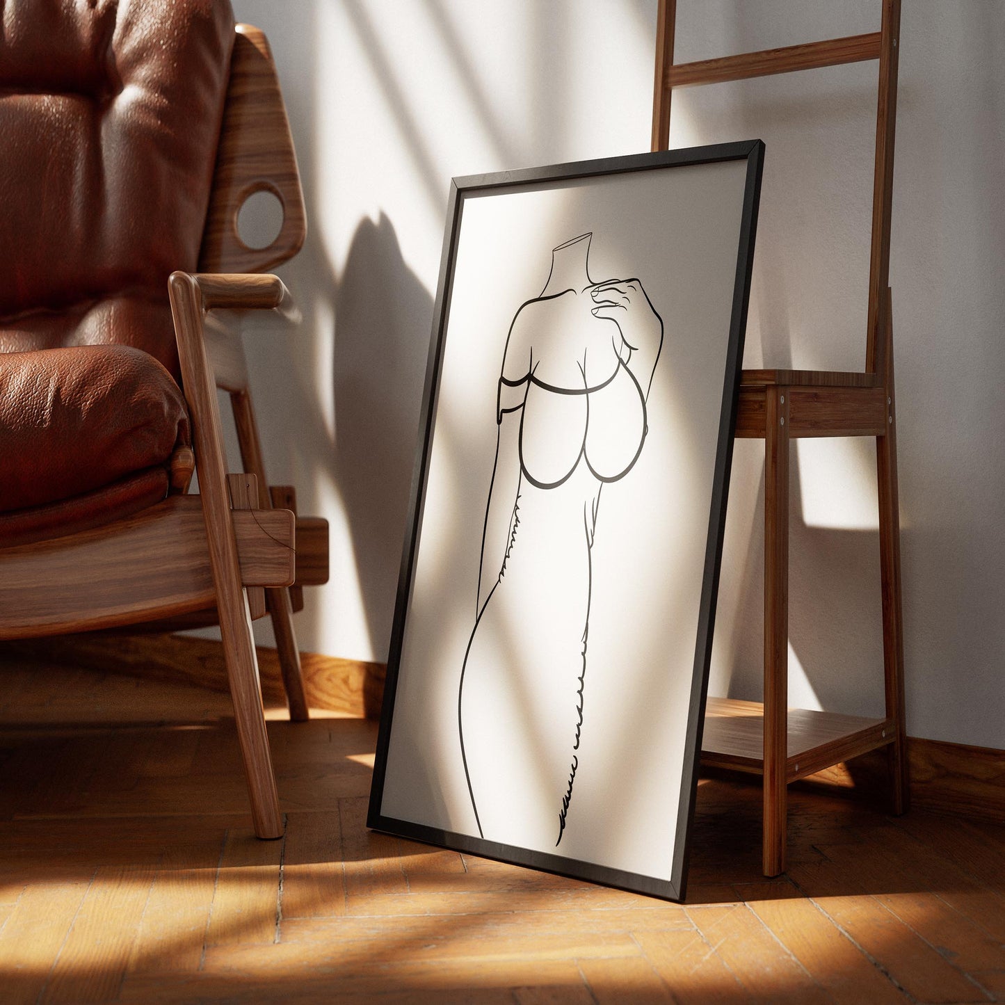 Line art of an elegant off-shoulder corset dress in a frame on the floor, ideal for home décor.