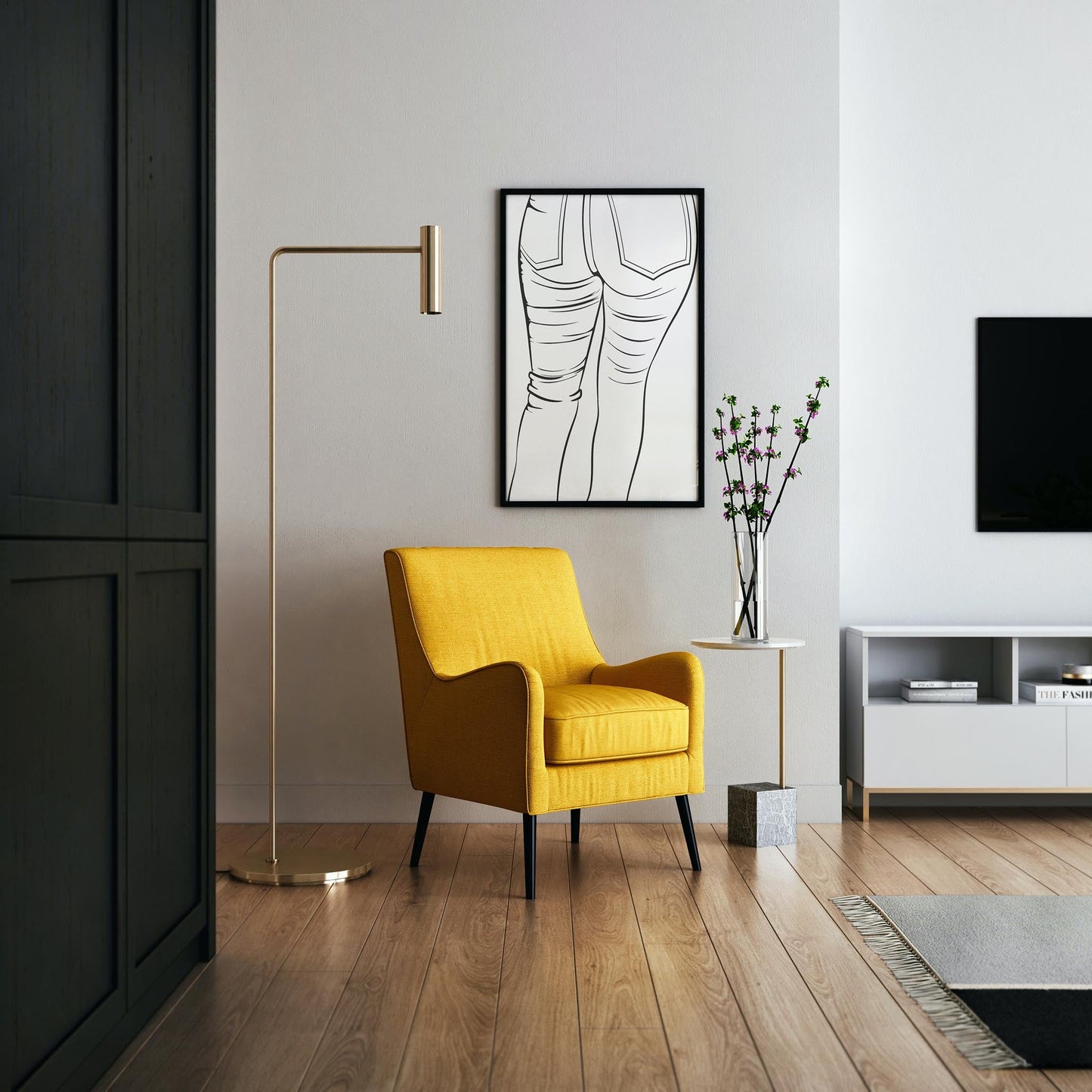 Line art poster of Jeans Denim Model 43 in a stylish living room setting.