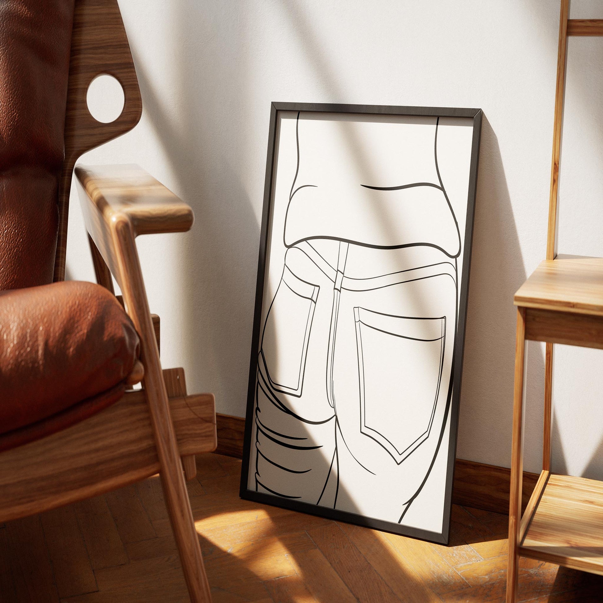 Line Art - Jeans Denim Model 44 framed illustration resting against a wall in a cozy interior space.