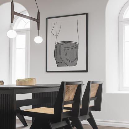 Line art depiction of Jeans Denim Model 48 on a framed wall art in a modern dining room setting.