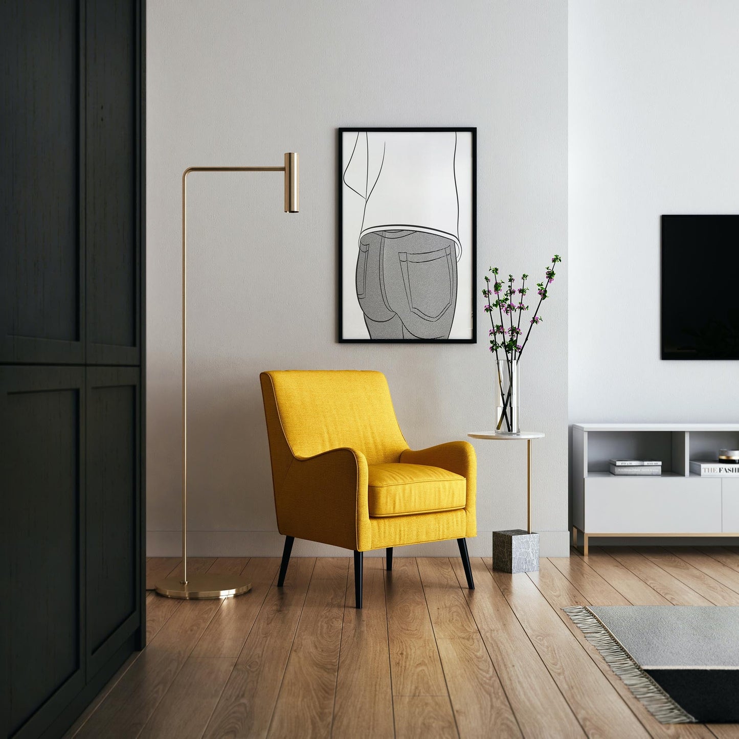 Modern living room with yellow chair and framed line art of jeans on the wall.