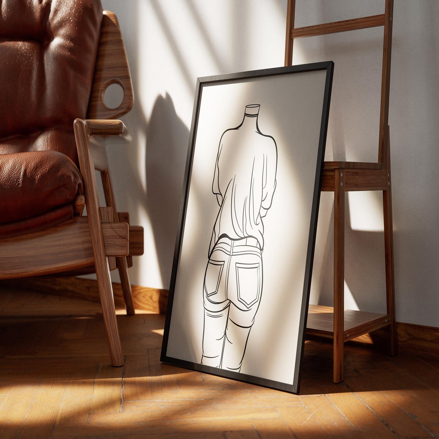 Line art illustration of skull-themed jeans denim model 54 in a frame.