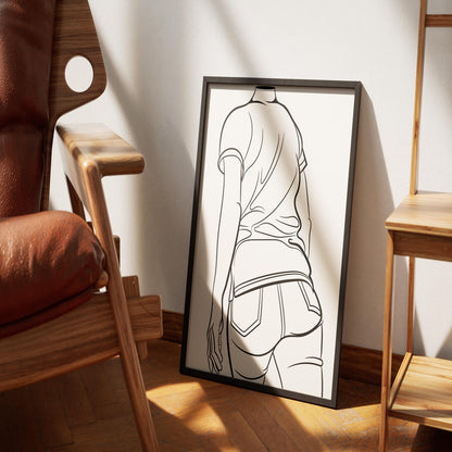 Line art illustration of Jeans Denim Model 56 with retro dotted pattern and intricate detailing, framed and displayed in a room.