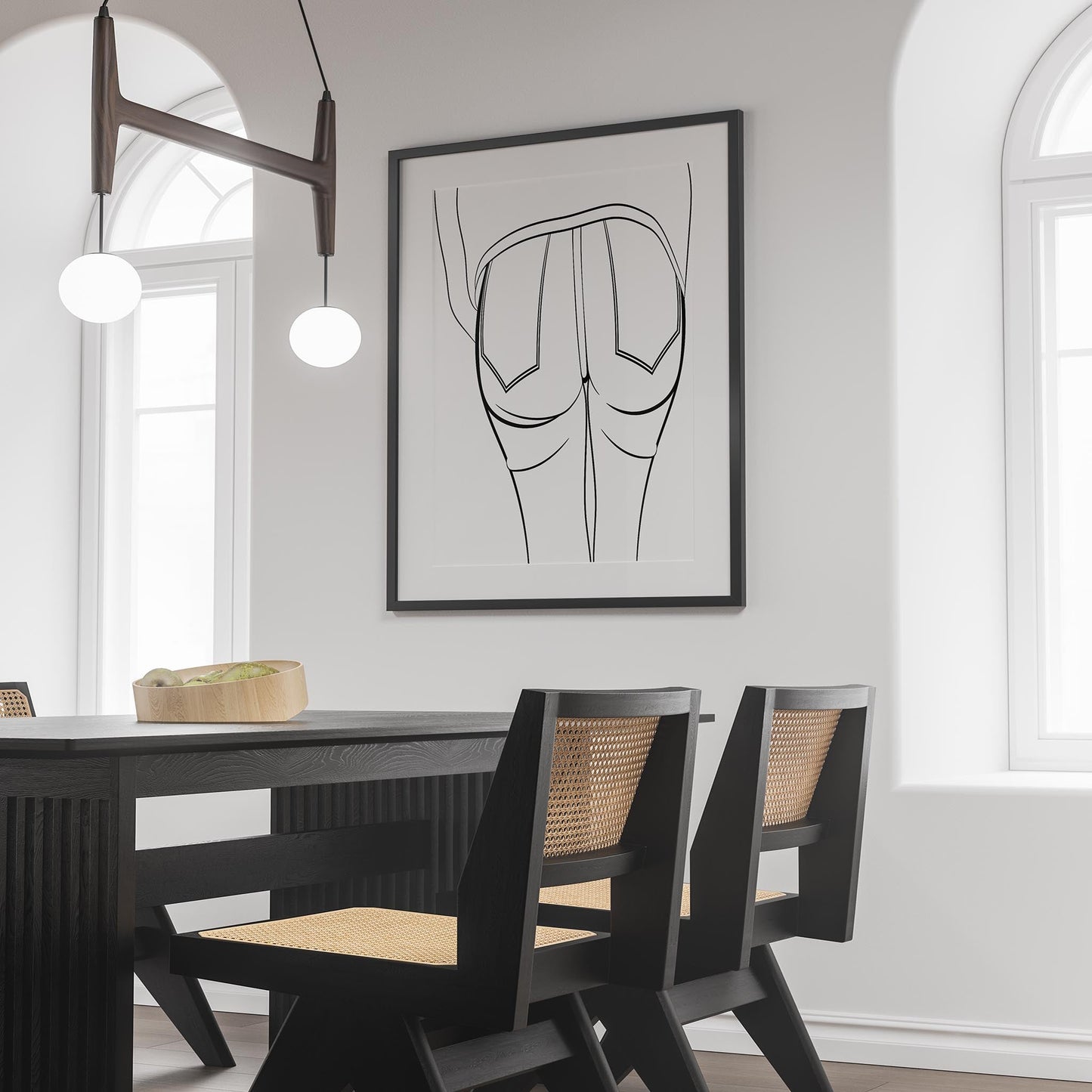 Line art of jeans denim model 58 in a modern dining room setting.
