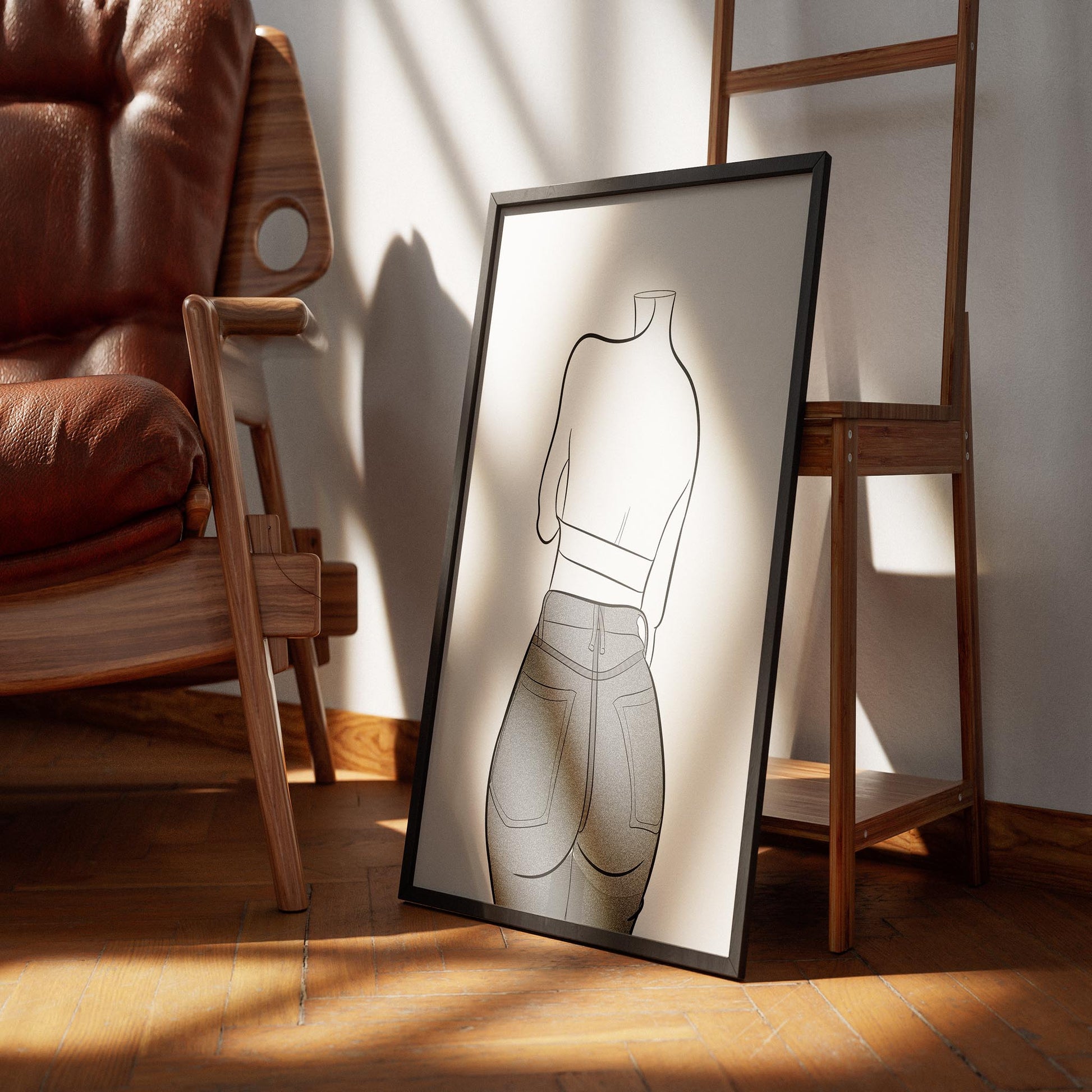 Line Art - Jeans Denim Model 59 illustration showcasing dynamic posture and denim texture.