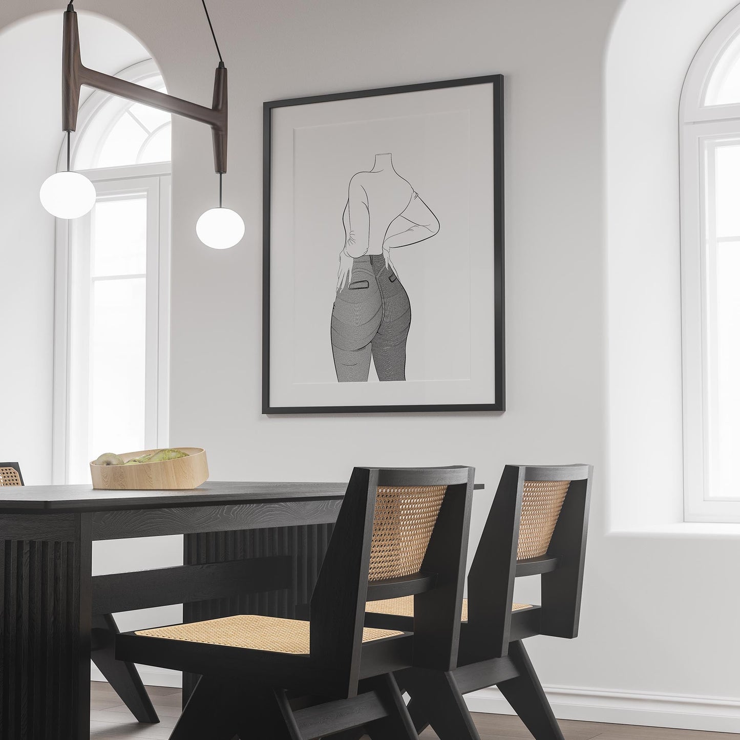 Line art illustration of a figure in denim, with focus on texture and highlights, displayed in modern dining room.