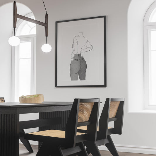 Line art illustration of a figure in denim, with focus on texture and highlights, displayed in modern dining room.
