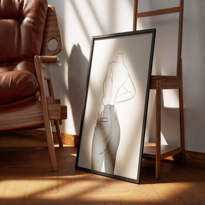 Line art illustration of a stylish figure wearing denim, emphasizing texture and highlights in a confident pose.