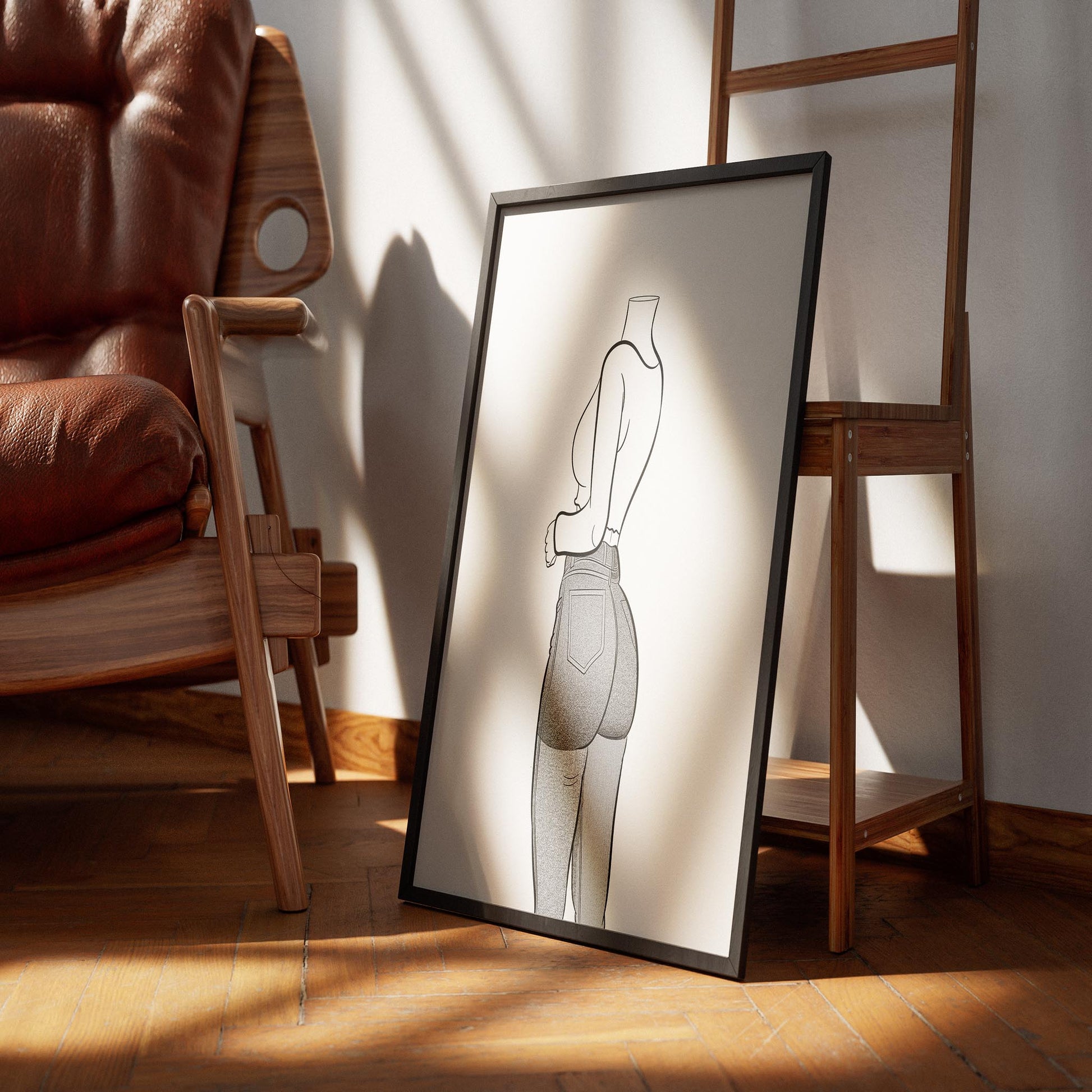 Line art illustration of a model in high-waisted jeans and crop top, emphasizing denim texture and design.