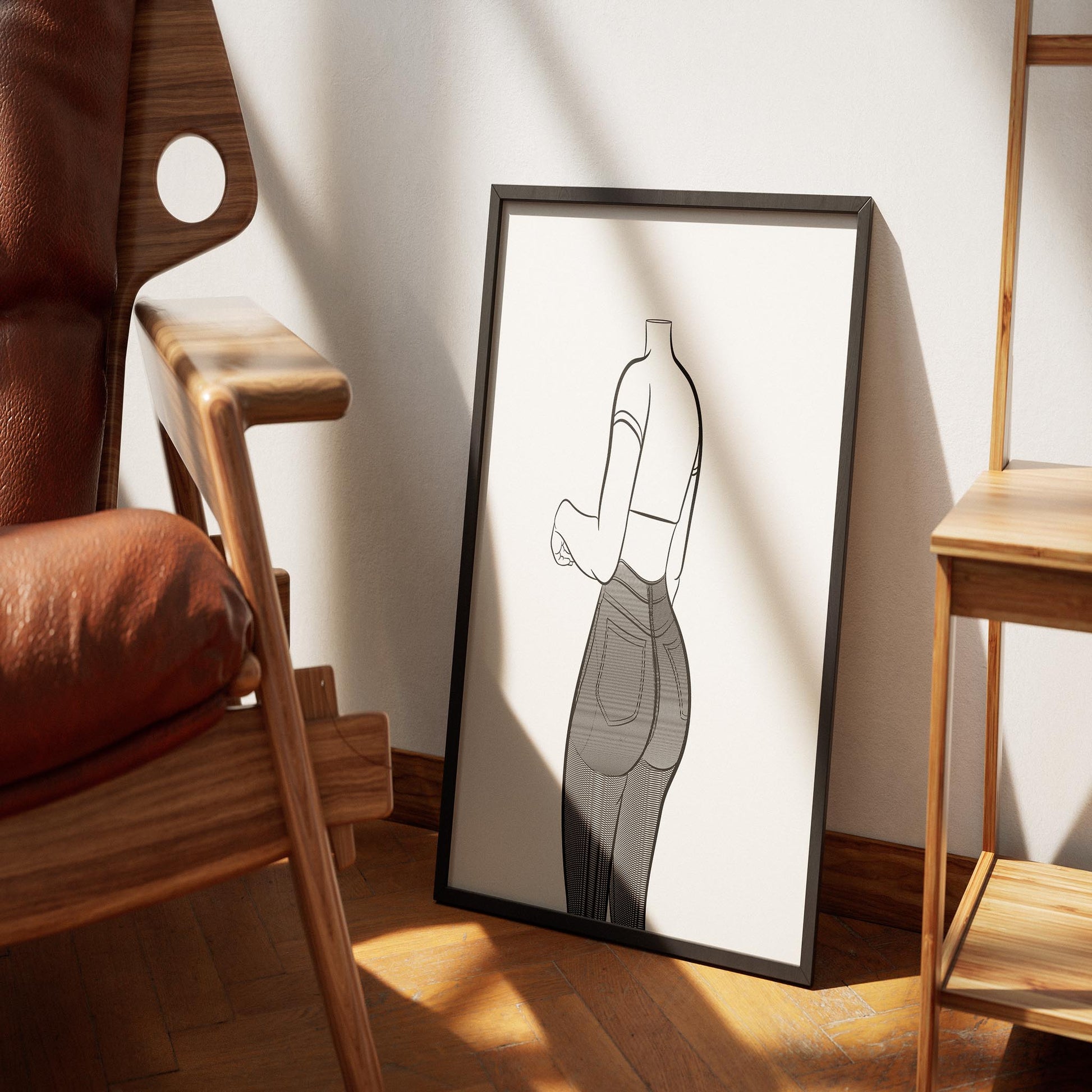 Line Art depiction of Jeans Denim Model 78 showcasing high-waisted denim and cropped top in a modern, sleek style.