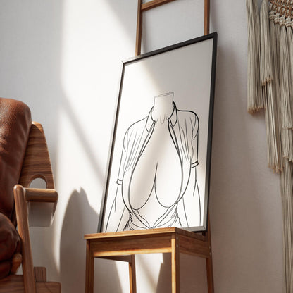 Model 20 - Line Art digital print featuring a headless figure in an open-front top, framed and displayed in a modern setting.