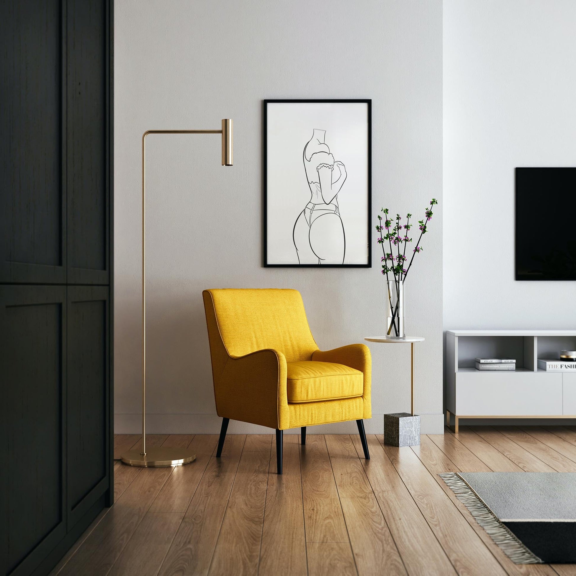 Illustration titled 'Jeans Denim Model 97 - Digitalized Arts Line Art' displayed in modern living room setting with yellow armchair and floor lamp.