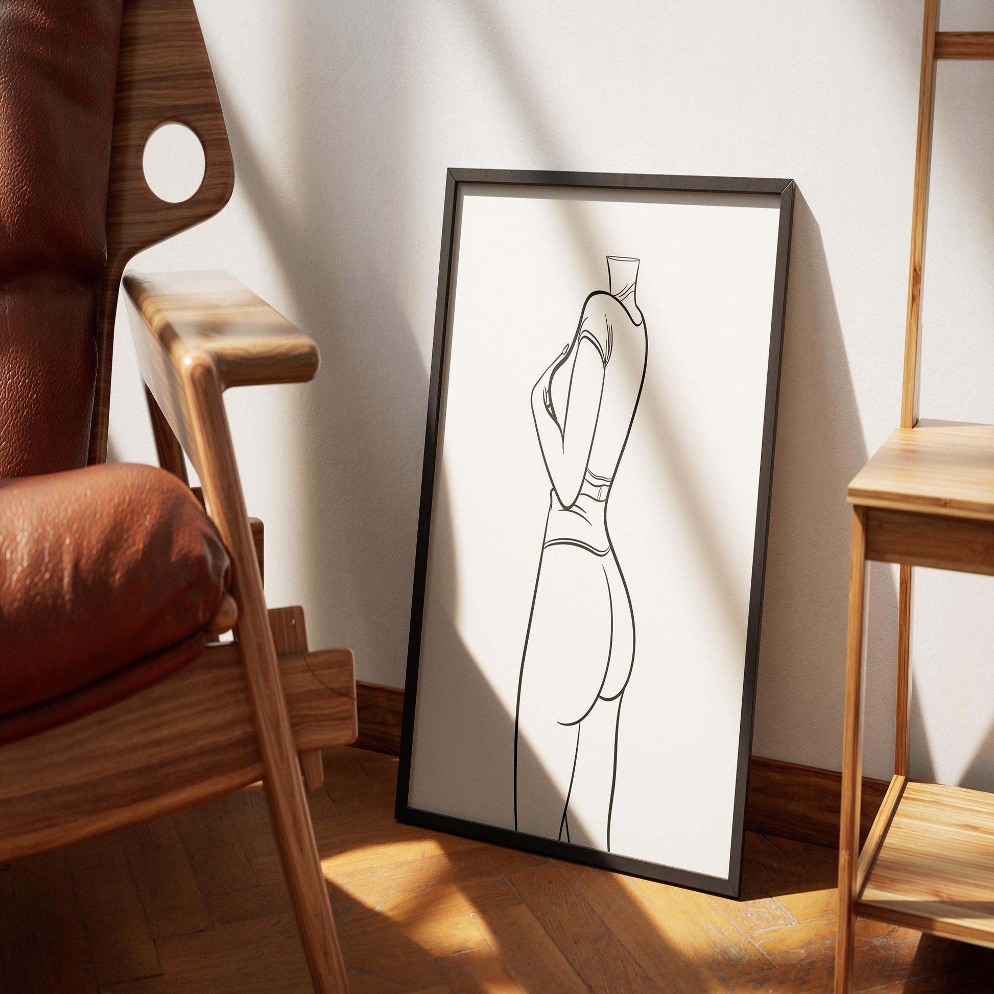 Line art depiction of female figure in profile, wearing black cropped top and orange pants, emphasizing silhouette and smooth lines.
